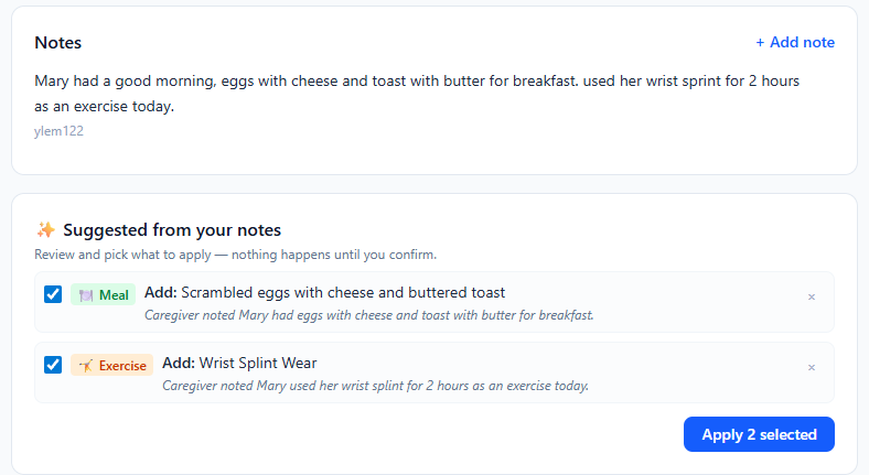 Note with AI suggestions to add medication and grocery items