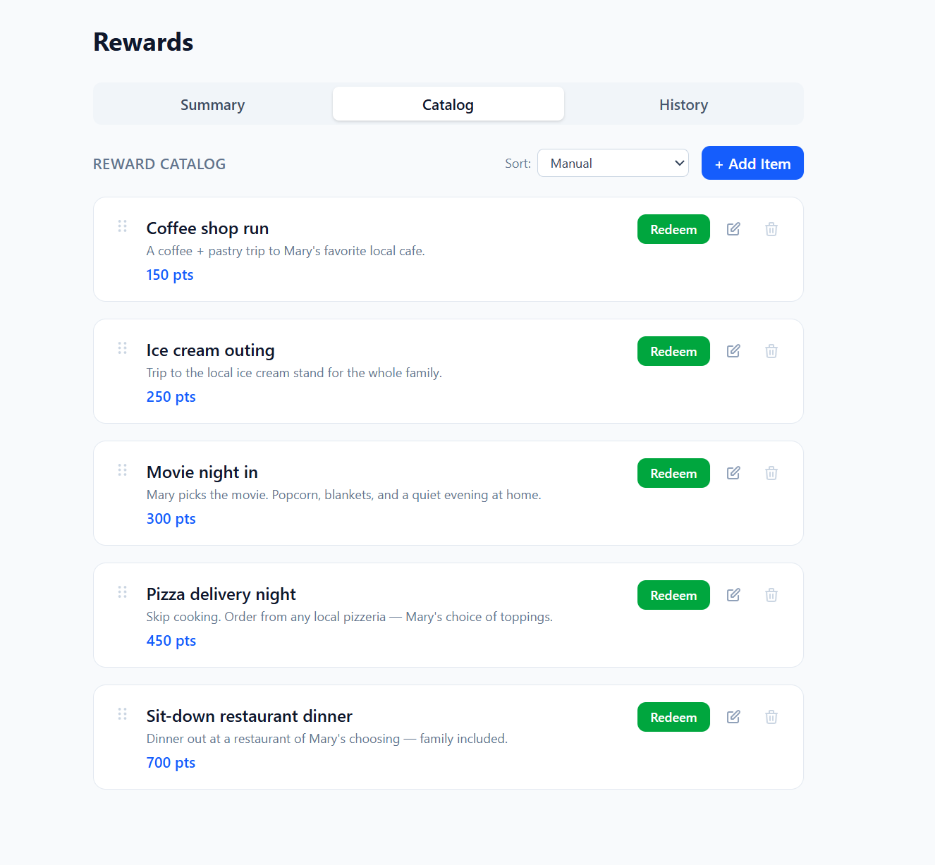 Rewards summary showing points balance and a reward catalog with redeemable items