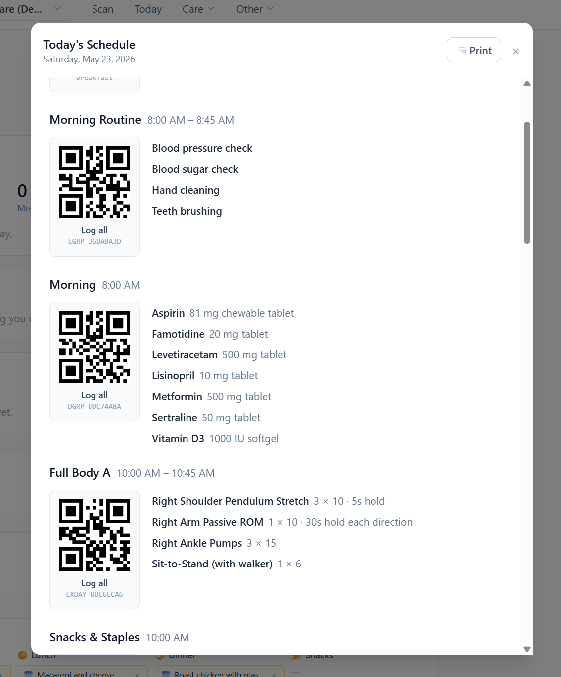 QR-code scan flow with printable labels