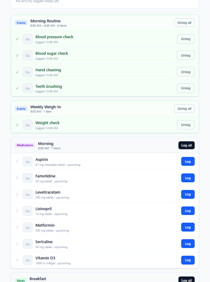 Today page with daily schedule and logging buttons